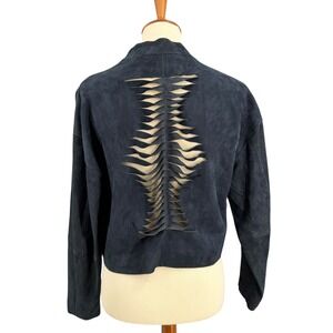 Sandro Paris Goat Leather Jacket Size Small Suede Crop Cut Out Back Blue Black